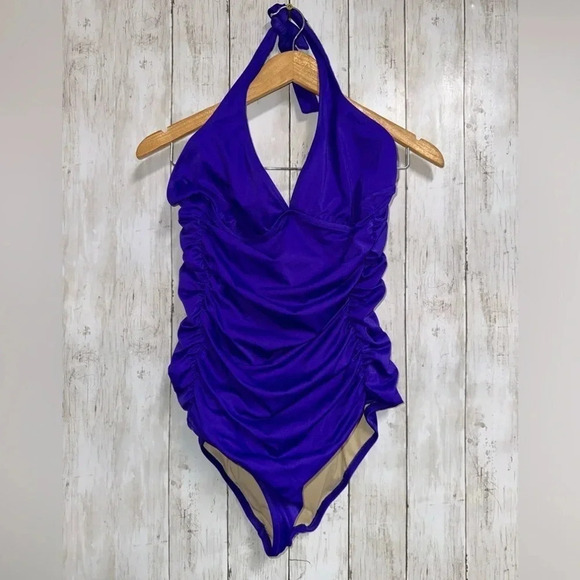 J.Crew Dark Purple Ruched Halter One- Piece Swimsuit Size 14 - Picture 1 of 7